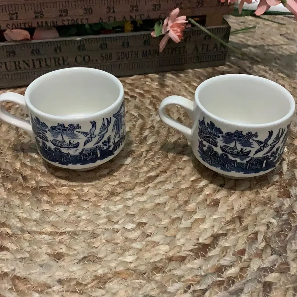 Vintage Churchill England Blue Willow Flat Tea Cup 3 Inch Stackable Ceramic